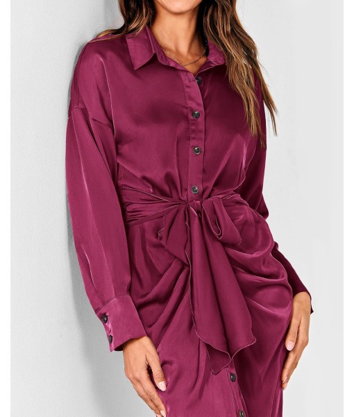 BTFBM Maxi Dresses for Women Fall 2025 Long Sleeve Lapel Neck Button Down Elegant Satin Belted Ruched Summer Shirt Dress
