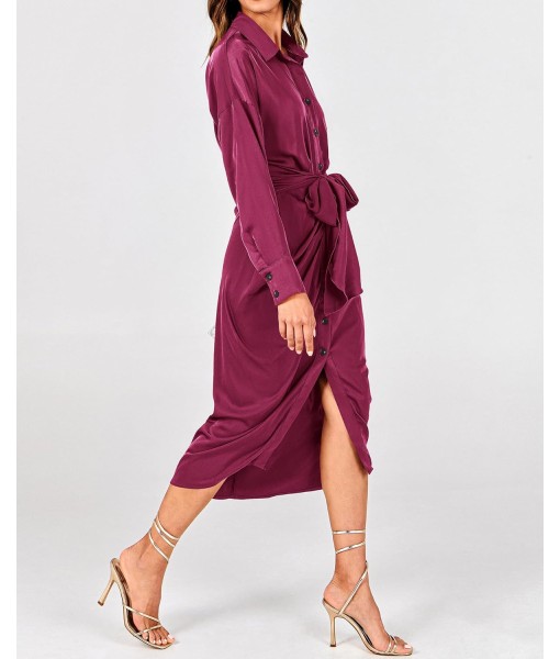 BTFBM Maxi Dresses for Women Fall 2025 Long Sleeve Lapel Neck Button Down Elegant Satin Belted Ruched Summer Shirt Dress