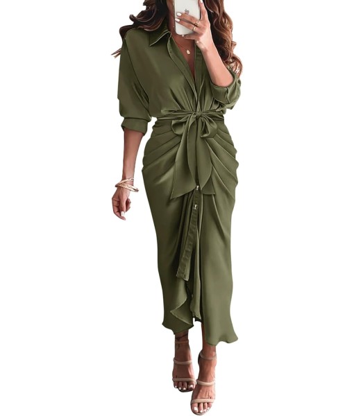 BTFBM Maxi Dresses for Women Fall 2025 Long Sleeve Lapel Neck Button Down Elegant Satin Belted Ruched Summer Shirt Dress