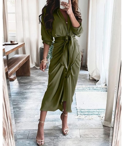 BTFBM Maxi Dresses for Women Fall 2025 Long Sleeve Lapel Neck Button Down Elegant Satin Belted Ruched Summer Shirt Dress