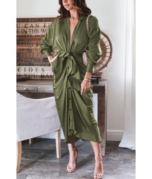 BTFBM Maxi Dresses for Women Fall 2025 Long Sleeve Lapel Neck Button Down Elegant Satin Belted Ruched Summer Shirt Dress