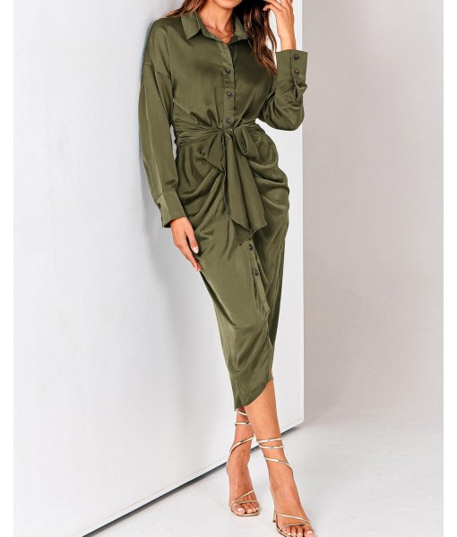 BTFBM Maxi Dresses for Women Fall 2025 Long Sleeve Lapel Neck Button Down Elegant Satin Belted Ruched Summer Shirt Dress