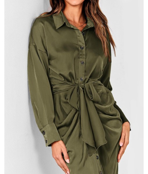 BTFBM Maxi Dresses for Women Fall 2025 Long Sleeve Lapel Neck Button Down Elegant Satin Belted Ruched Summer Shirt Dress