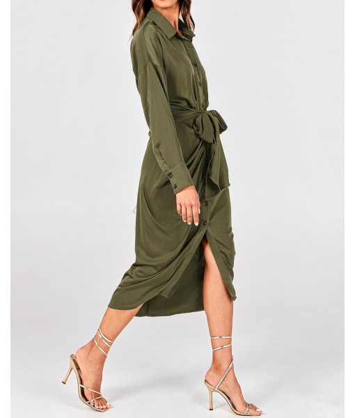 BTFBM Maxi Dresses for Women Fall 2025 Long Sleeve Lapel Neck Button Down Elegant Satin Belted Ruched Summer Shirt Dress