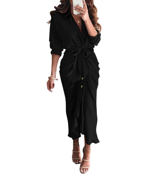 BTFBM Maxi Dresses for Women Fall 2025 Long Sleeve Lapel Neck Button Down Elegant Satin Belted Ruched Summer Shirt Dress