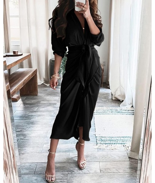 BTFBM Maxi Dresses for Women Fall 2025 Long Sleeve Lapel Neck Button Down Elegant Satin Belted Ruched Summer Shirt Dress