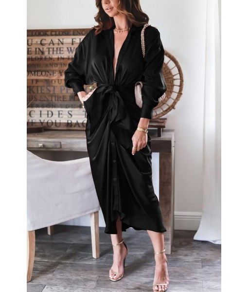 BTFBM Maxi Dresses for Women Fall 2025 Long Sleeve Lapel Neck Button Down Elegant Satin Belted Ruched Summer Shirt Dress