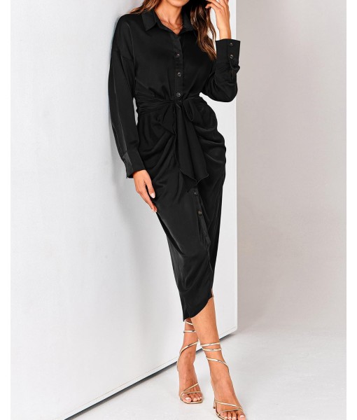 BTFBM Maxi Dresses for Women Fall 2025 Long Sleeve Lapel Neck Button Down Elegant Satin Belted Ruched Summer Shirt Dress