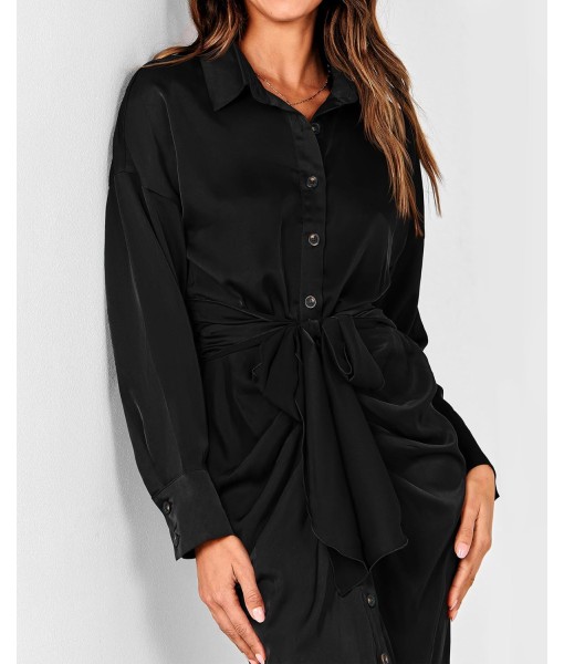 BTFBM Maxi Dresses for Women Fall 2025 Long Sleeve Lapel Neck Button Down Elegant Satin Belted Ruched Summer Shirt Dress