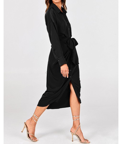 BTFBM Maxi Dresses for Women Fall 2025 Long Sleeve Lapel Neck Button Down Elegant Satin Belted Ruched Summer Shirt Dress
