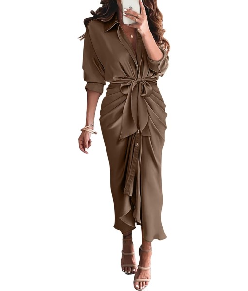 BTFBM Maxi Dresses for Women Fall 2025 Long Sleeve Lapel Neck Button Down Elegant Satin Belted Ruched Summer Shirt Dress