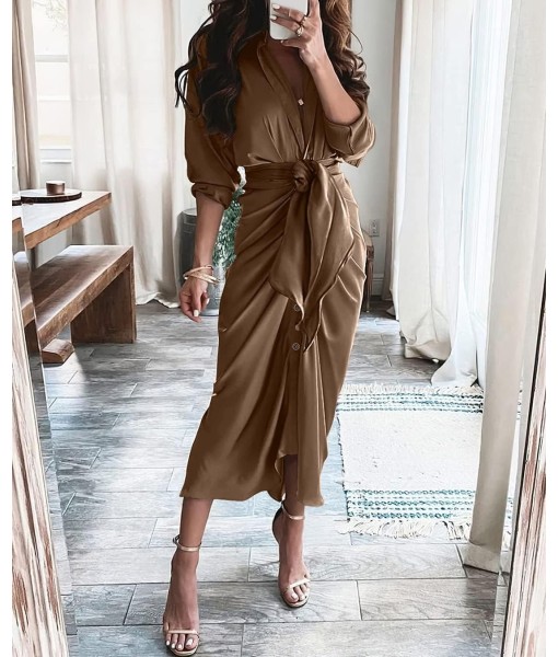 BTFBM Maxi Dresses for Women Fall 2025 Long Sleeve Lapel Neck Button Down Elegant Satin Belted Ruched Summer Shirt Dress