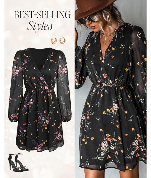 CUPSHE Women's Mini Dresses Casual Spring V Neck Chiffon Long Peasant Sleeves Flowy Summer Dress
