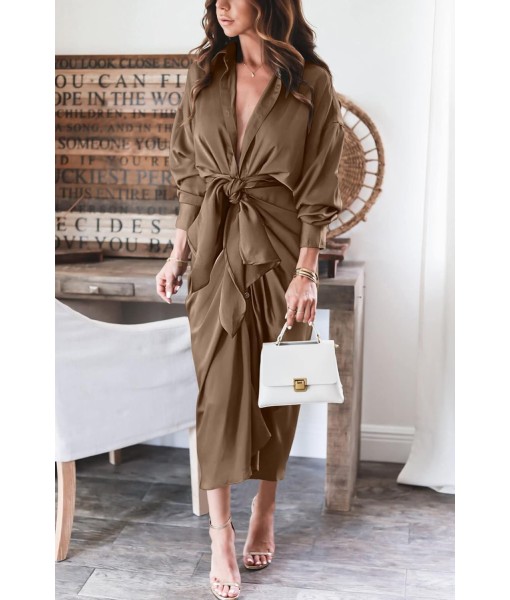 BTFBM Maxi Dresses for Women Fall 2025 Long Sleeve Lapel Neck Button Down Elegant Satin Belted Ruched Summer Shirt Dress
