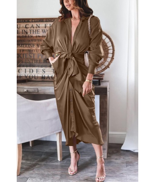 BTFBM Maxi Dresses for Women Fall 2025 Long Sleeve Lapel Neck Button Down Elegant Satin Belted Ruched Summer Shirt Dress
