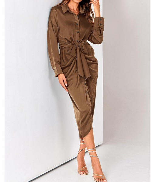 BTFBM Maxi Dresses for Women Fall 2025 Long Sleeve Lapel Neck Button Down Elegant Satin Belted Ruched Summer Shirt Dress