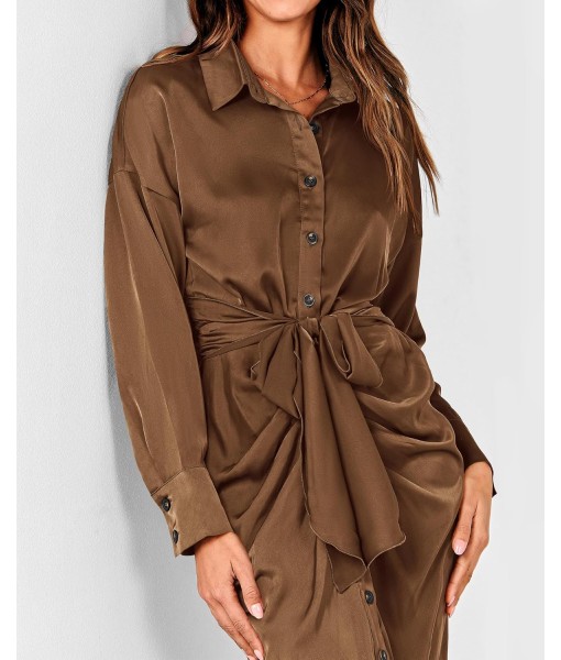 BTFBM Maxi Dresses for Women Fall 2025 Long Sleeve Lapel Neck Button Down Elegant Satin Belted Ruched Summer Shirt Dress