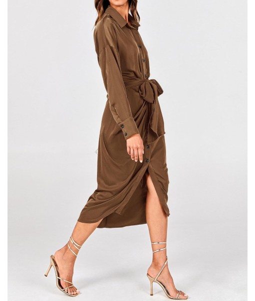 BTFBM Maxi Dresses for Women Fall 2025 Long Sleeve Lapel Neck Button Down Elegant Satin Belted Ruched Summer Shirt Dress