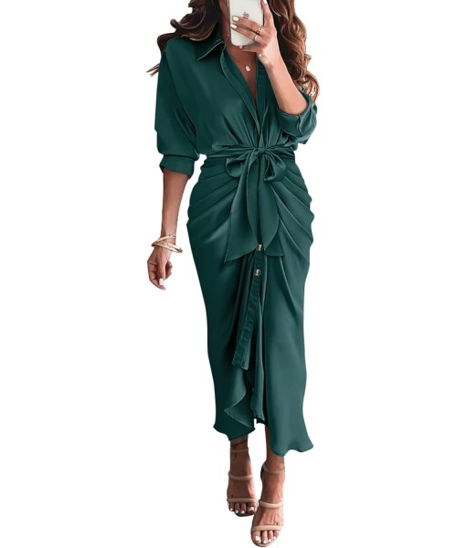 BTFBM Maxi Dresses for Women Fall 2025 Long Sleeve Lapel Neck Button Down Elegant Satin Belted Ruched Summer Shirt Dress