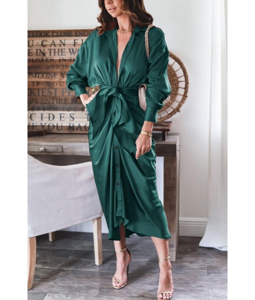 BTFBM Maxi Dresses for Women Fall 2025 Long Sleeve Lapel Neck Button Down Elegant Satin Belted Ruched Summer Shirt Dress