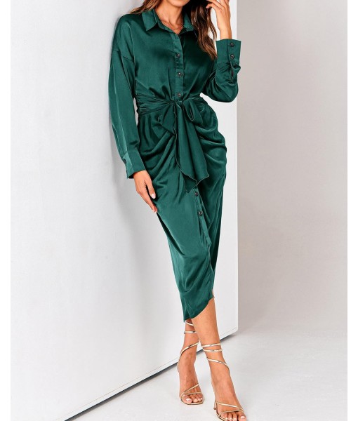 BTFBM Maxi Dresses for Women Fall 2025 Long Sleeve Lapel Neck Button Down Elegant Satin Belted Ruched Summer Shirt Dress