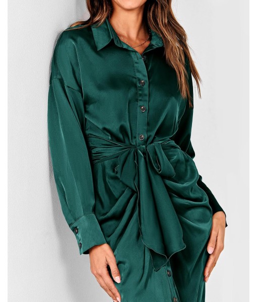 BTFBM Maxi Dresses for Women Fall 2025 Long Sleeve Lapel Neck Button Down Elegant Satin Belted Ruched Summer Shirt Dress