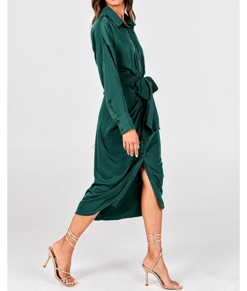 BTFBM Maxi Dresses for Women Fall 2025 Long Sleeve Lapel Neck Button Down Elegant Satin Belted Ruched Summer Shirt Dress