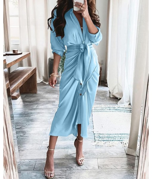 BTFBM Maxi Dresses for Women Fall 2025 Long Sleeve Lapel Neck Button Down Elegant Satin Belted Ruched Summer Shirt Dress