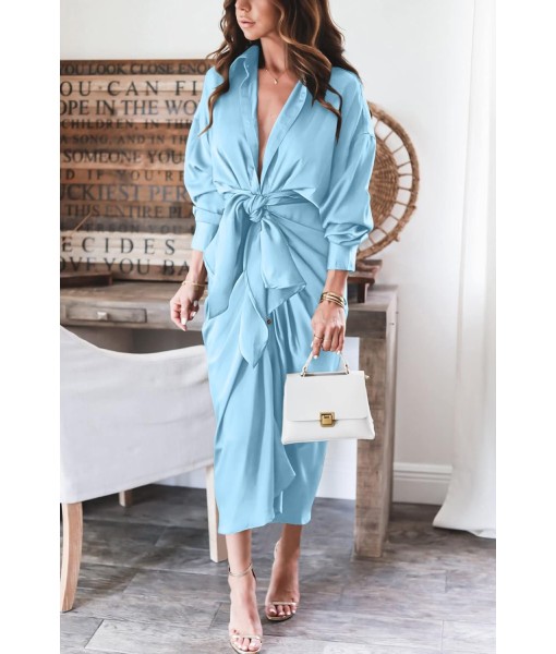 BTFBM Maxi Dresses for Women Fall 2025 Long Sleeve Lapel Neck Button Down Elegant Satin Belted Ruched Summer Shirt Dress