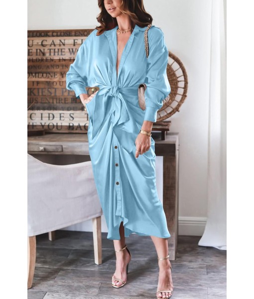 BTFBM Maxi Dresses for Women Fall 2025 Long Sleeve Lapel Neck Button Down Elegant Satin Belted Ruched Summer Shirt Dress