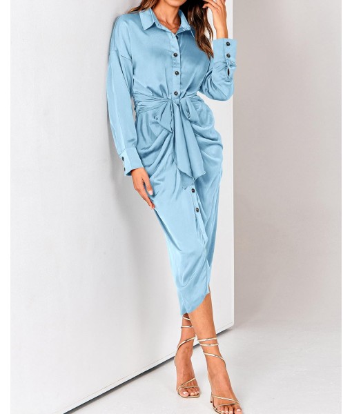 BTFBM Maxi Dresses for Women Fall 2025 Long Sleeve Lapel Neck Button Down Elegant Satin Belted Ruched Summer Shirt Dress
