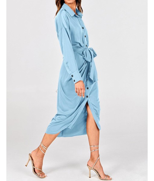 BTFBM Maxi Dresses for Women Fall 2025 Long Sleeve Lapel Neck Button Down Elegant Satin Belted Ruched Summer Shirt Dress