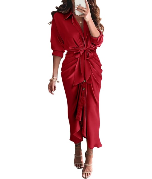 BTFBM Maxi Dresses for Women Fall 2025 Long Sleeve Lapel Neck Button Down Elegant Satin Belted Ruched Summer Shirt Dress