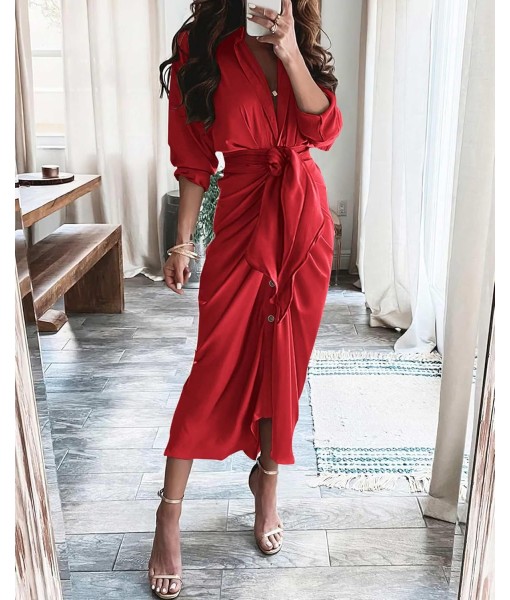 BTFBM Maxi Dresses for Women Fall 2025 Long Sleeve Lapel Neck Button Down Elegant Satin Belted Ruched Summer Shirt Dress