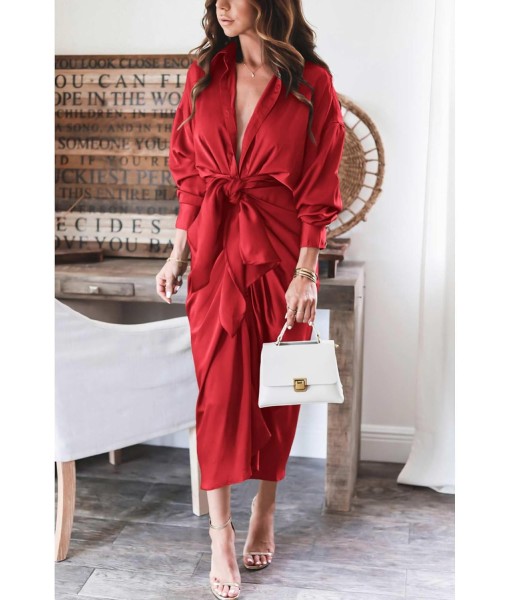 BTFBM Maxi Dresses for Women Fall 2025 Long Sleeve Lapel Neck Button Down Elegant Satin Belted Ruched Summer Shirt Dress