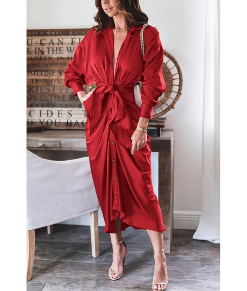 BTFBM Maxi Dresses for Women Fall 2025 Long Sleeve Lapel Neck Button Down Elegant Satin Belted Ruched Summer Shirt Dress