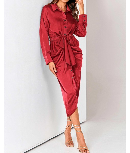 BTFBM Maxi Dresses for Women Fall 2025 Long Sleeve Lapel Neck Button Down Elegant Satin Belted Ruched Summer Shirt Dress
