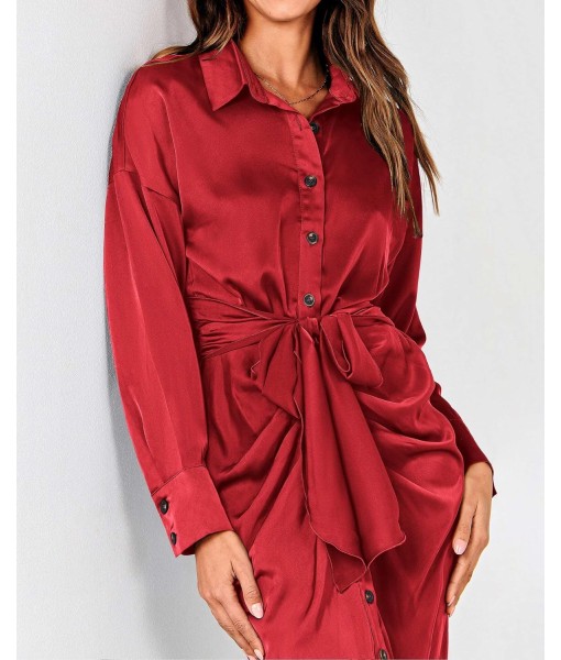 BTFBM Maxi Dresses for Women Fall 2025 Long Sleeve Lapel Neck Button Down Elegant Satin Belted Ruched Summer Shirt Dress