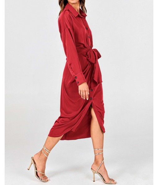 BTFBM Maxi Dresses for Women Fall 2025 Long Sleeve Lapel Neck Button Down Elegant Satin Belted Ruched Summer Shirt Dress