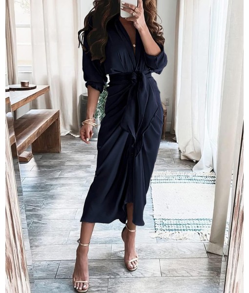 BTFBM Maxi Dresses for Women Fall 2025 Long Sleeve Lapel Neck Button Down Elegant Satin Belted Ruched Summer Shirt Dress
