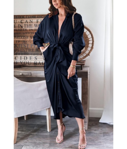 BTFBM Maxi Dresses for Women Fall 2025 Long Sleeve Lapel Neck Button Down Elegant Satin Belted Ruched Summer Shirt Dress