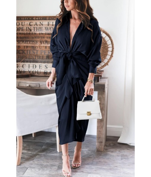BTFBM Maxi Dresses for Women Fall 2025 Long Sleeve Lapel Neck Button Down Elegant Satin Belted Ruched Summer Shirt Dress