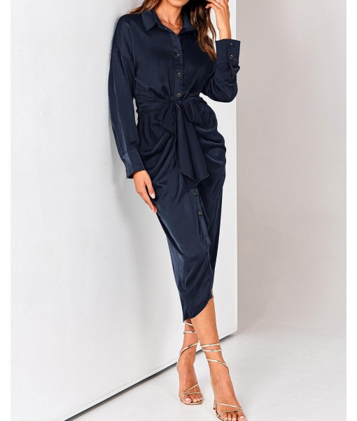 BTFBM Maxi Dresses for Women Fall 2025 Long Sleeve Lapel Neck Button Down Elegant Satin Belted Ruched Summer Shirt Dress