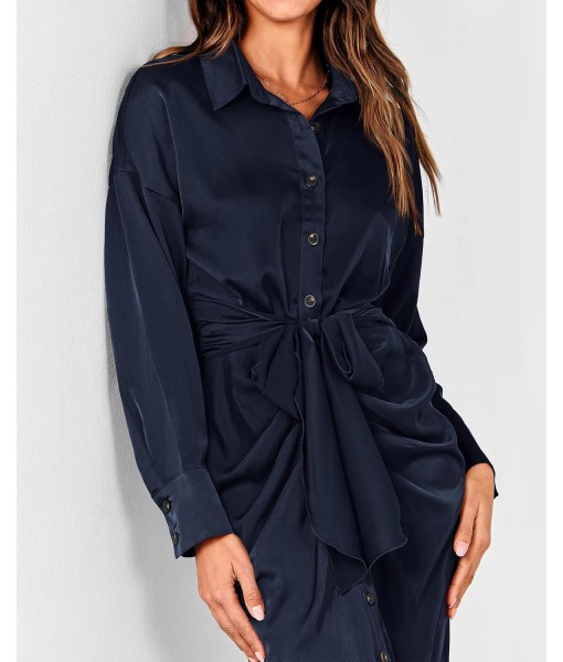 BTFBM Maxi Dresses for Women Fall 2025 Long Sleeve Lapel Neck Button Down Elegant Satin Belted Ruched Summer Shirt Dress