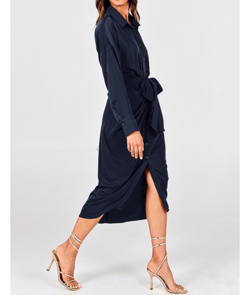 BTFBM Maxi Dresses for Women Fall 2025 Long Sleeve Lapel Neck Button Down Elegant Satin Belted Ruched Summer Shirt Dress