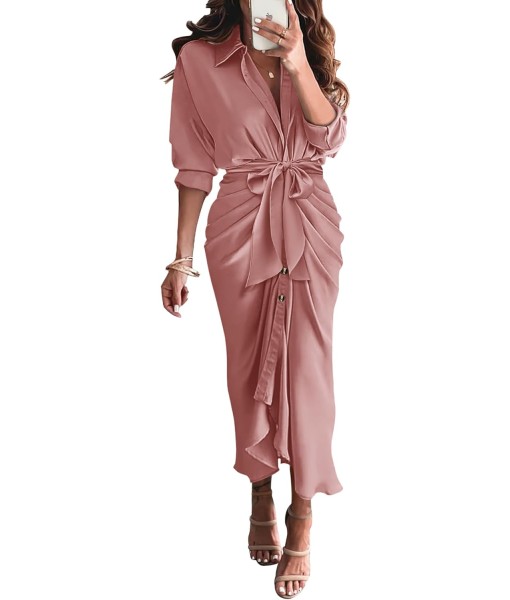BTFBM Maxi Dresses for Women Fall 2025 Long Sleeve Lapel Neck Button Down Elegant Satin Belted Ruched Summer Shirt Dress