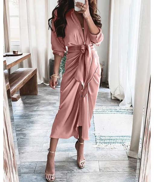 BTFBM Maxi Dresses for Women Fall 2025 Long Sleeve Lapel Neck Button Down Elegant Satin Belted Ruched Summer Shirt Dress