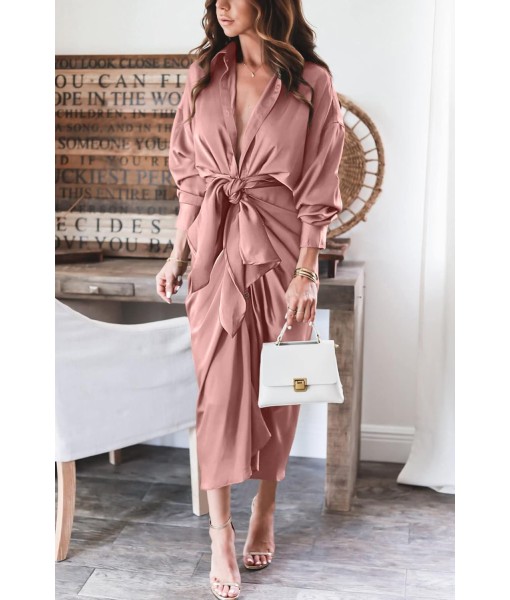 BTFBM Maxi Dresses for Women Fall 2025 Long Sleeve Lapel Neck Button Down Elegant Satin Belted Ruched Summer Shirt Dress