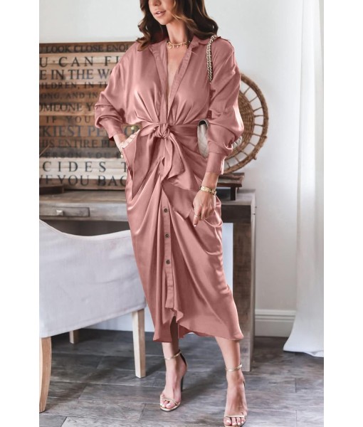 BTFBM Maxi Dresses for Women Fall 2025 Long Sleeve Lapel Neck Button Down Elegant Satin Belted Ruched Summer Shirt Dress