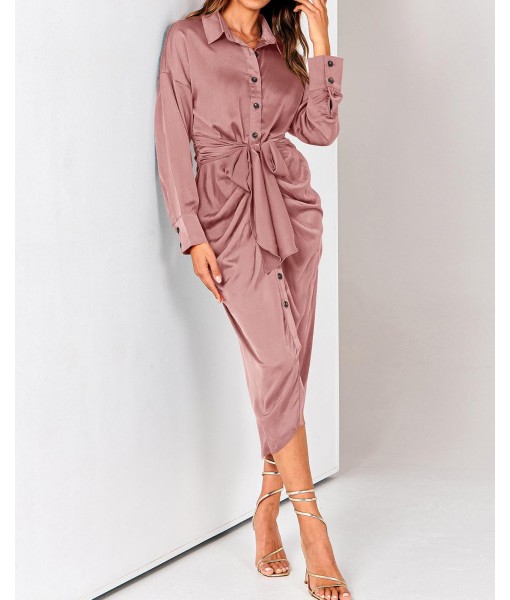 BTFBM Maxi Dresses for Women Fall 2025 Long Sleeve Lapel Neck Button Down Elegant Satin Belted Ruched Summer Shirt Dress